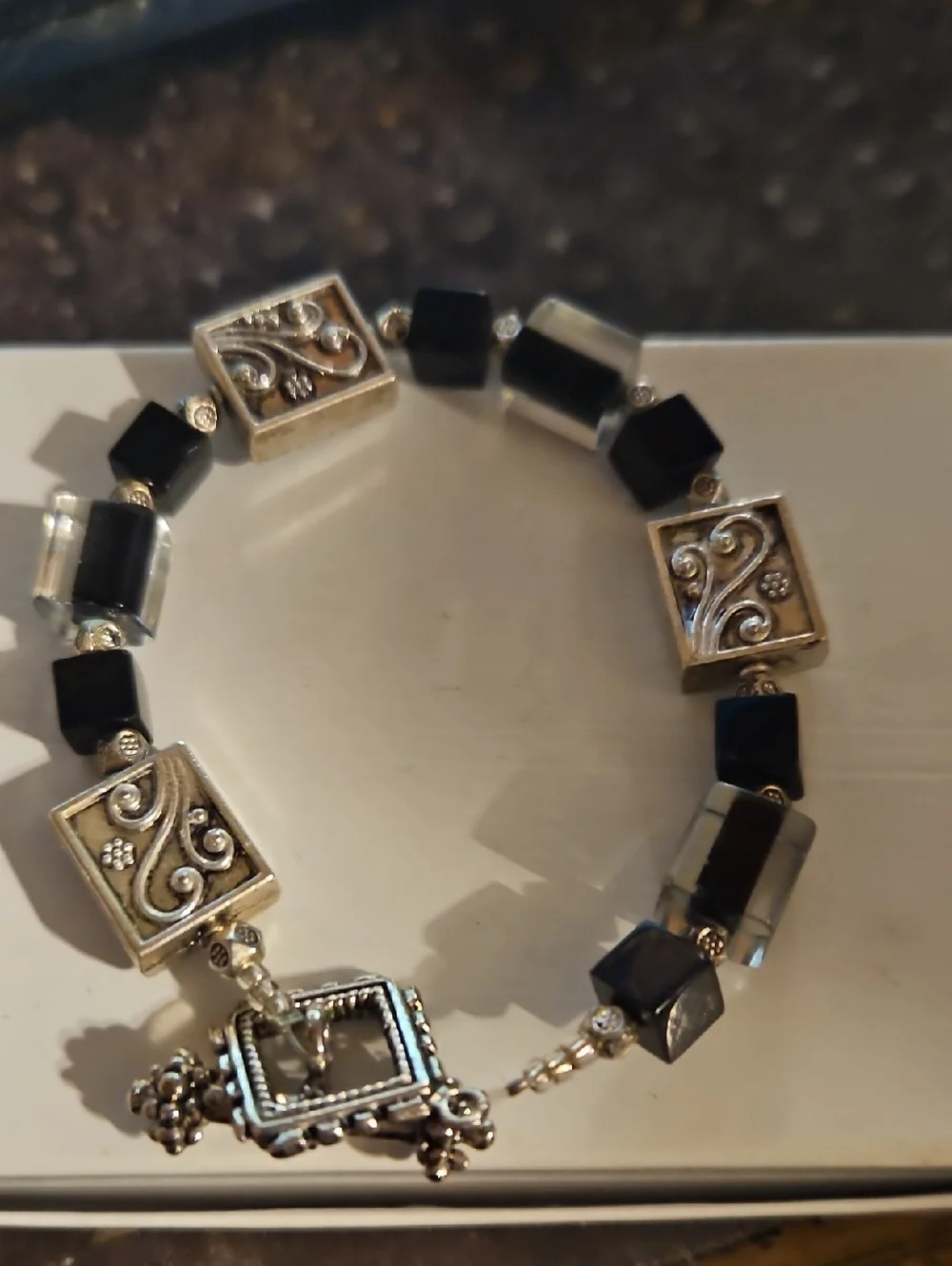 Silvertone Glass Black Beaded Toggle Clasp Bracelet